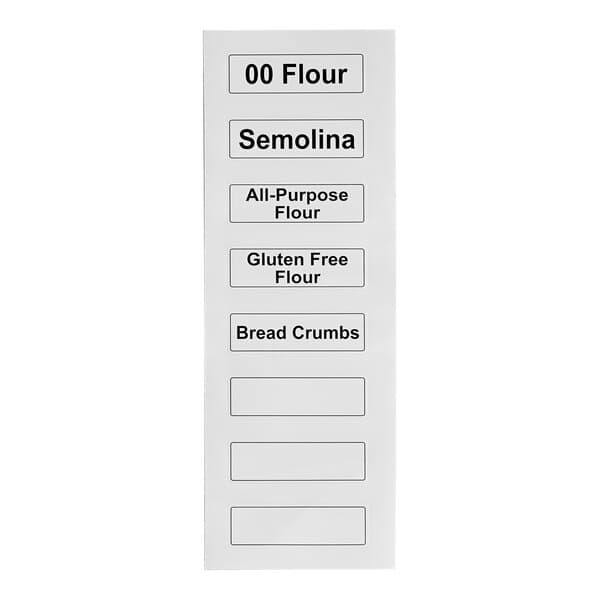 A sheet of Baker's Lane ingredient bin labels for pizzeria ingredients, including labels for various types of flour and bread crumbs.