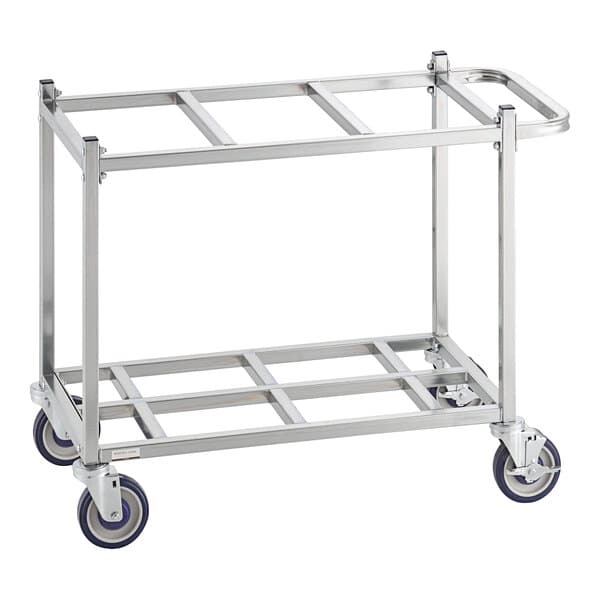 A stainless steel Baker's Lane cart with blue wheels.