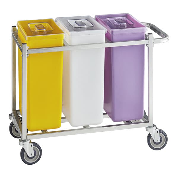 A Baker's Lane mobile triple ingredient bin with yellow, white, and purple containers on a cart. The yellow and white containers have clear lids.