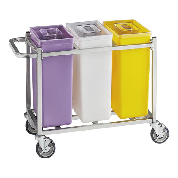 A Baker's Lane mobile triple ingredient bin with yellow, white, and purple plastic containers with clear lids on a cart.