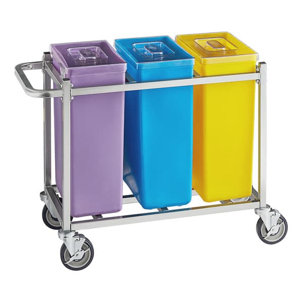 A metal cart with three rectangular plastic bins, one yellow, one blue, and one purple.