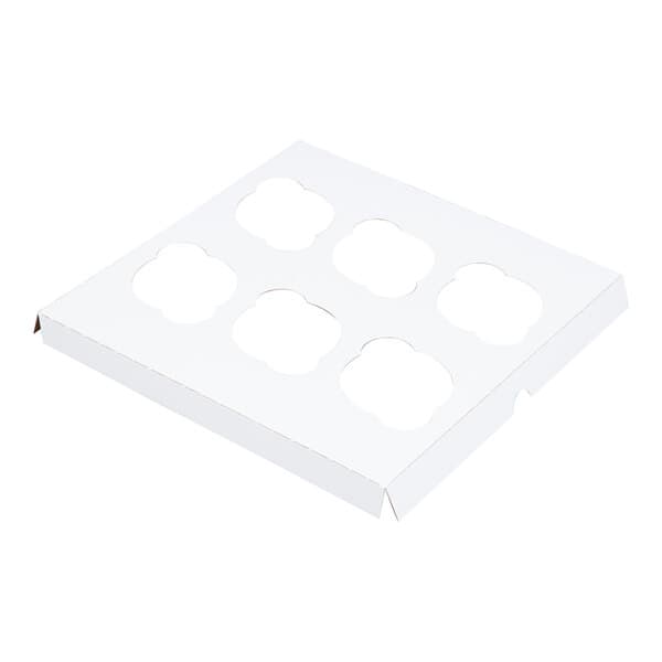 A white cardboard cupcake box insert with six slots for holding cupcakes.