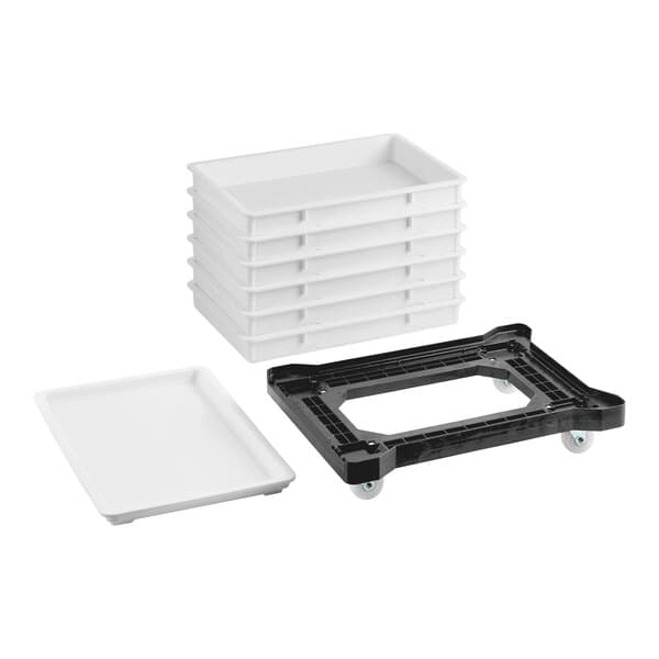 A set of six white dough proofing trays with a matching lid and a black plastic dolly with wheels.