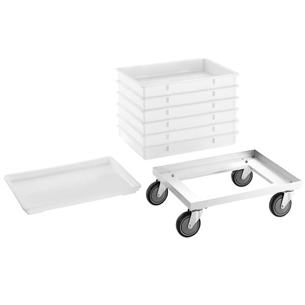 A white plastic tray with a white metal frame and black wheels.