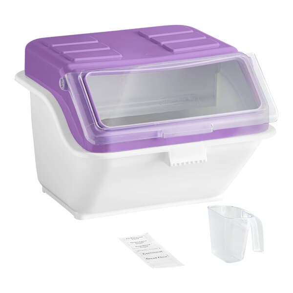 A white and purple ingredient bin with a flip lid, accompanied by a label sheet and a clear scoop.