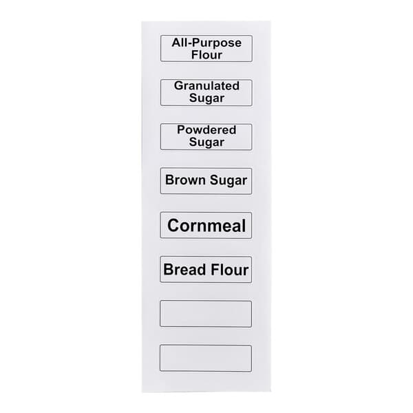 A sheet of rectangular ingredient labels for baking supplies, including options for flour, sugar, and cornmeal.