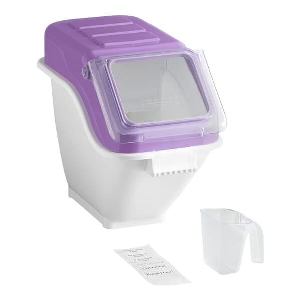 A white and purple ingredient storage bin with a flip lid, accompanied by a clear scoop and a label sheet.