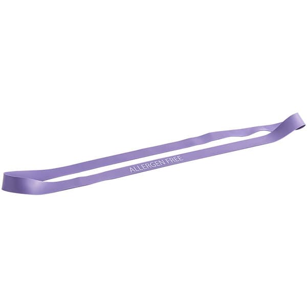 A purple elastic band with white text.