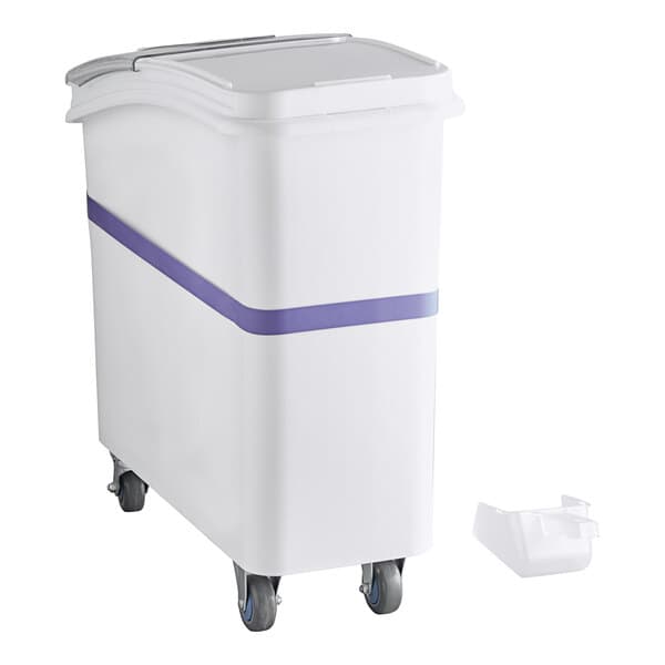 A white Baker's Lane mobile ingredient storage bin with a purple stripe on wheels.