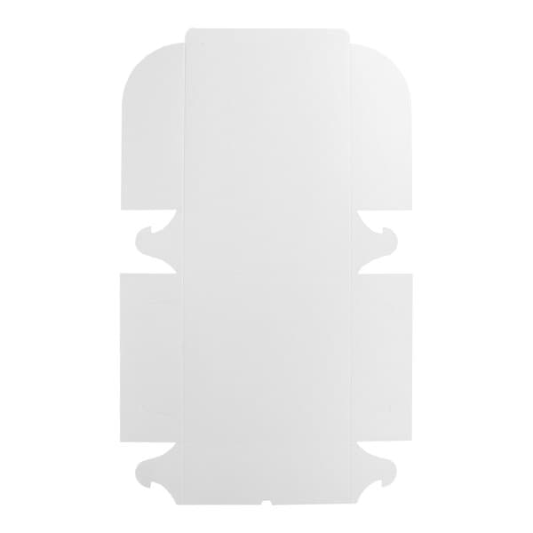 A flat, unfolded white cardboard bakery box for cakes or pastries.