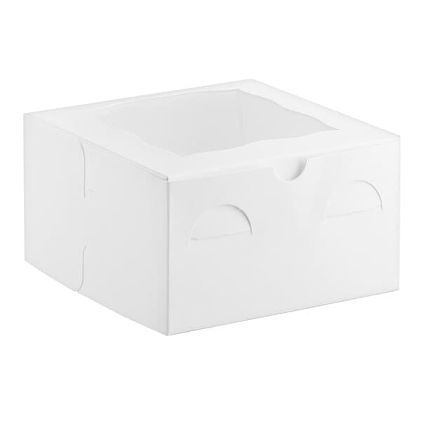 A white bakery box with a clear window on top, designed for cakes or baked goods.