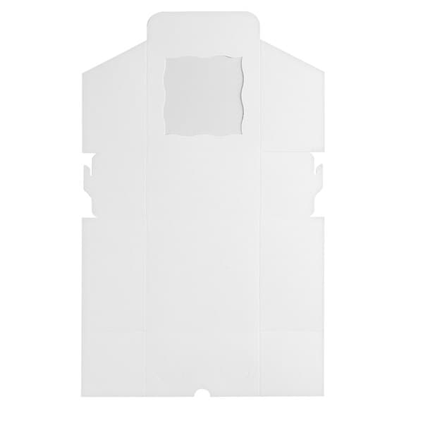 A flat, unfolded white bakery box with a clear window on one panel.