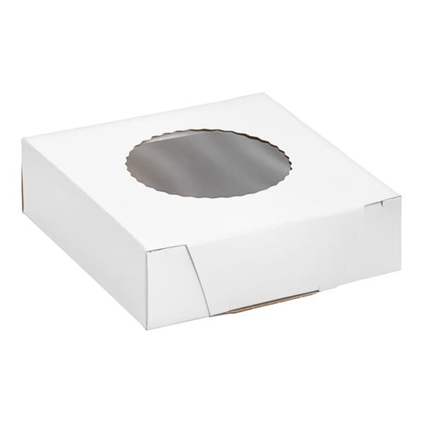 A white square bakery box with a round clear window on the top.