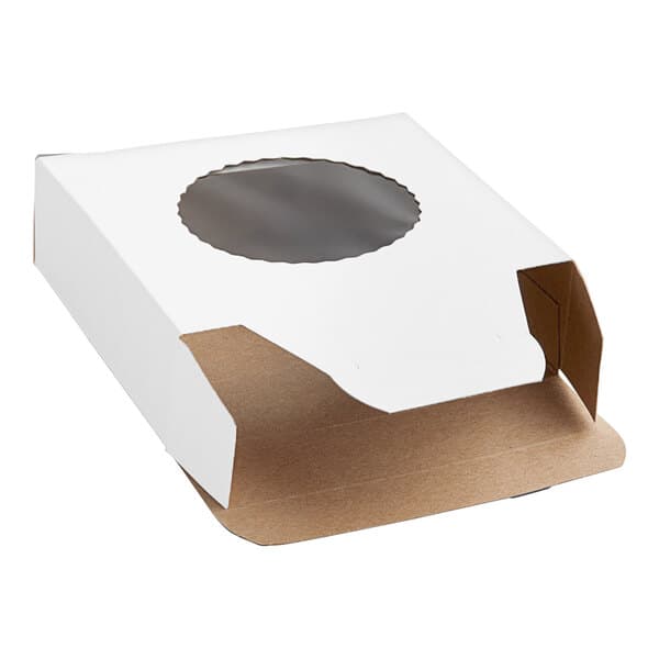 A white bakery box with a clear round window on top and an open flap, designed for packaging baked goods.