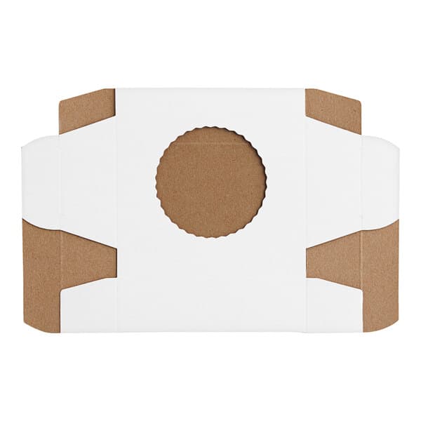 A flat, unfolded white bakery box with a circular window in the center.
