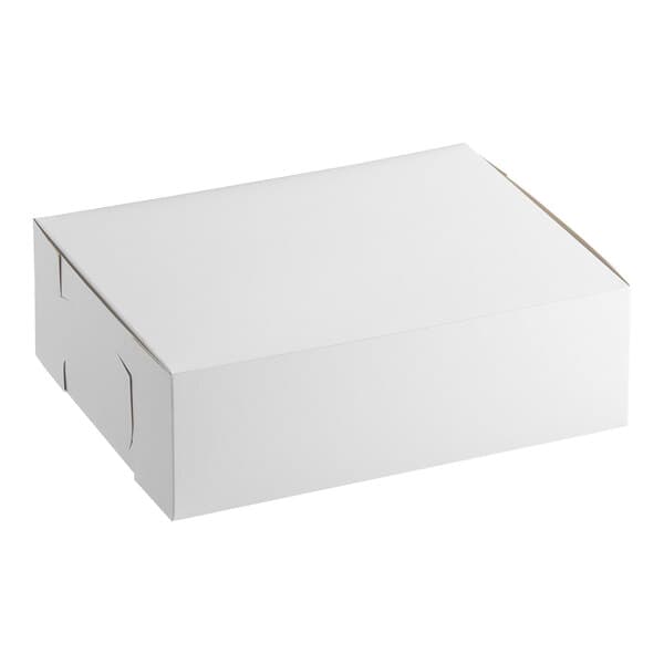 A plain white rectangular bakery box with a closed lid.