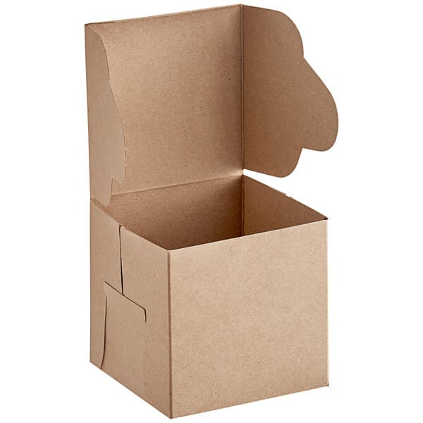 A brown Baker's Mark cupcake box with the lid open.