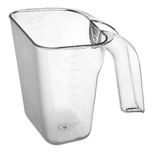 A clear plastic utility and ice scoop with a 20 oz. capacity and a handle.