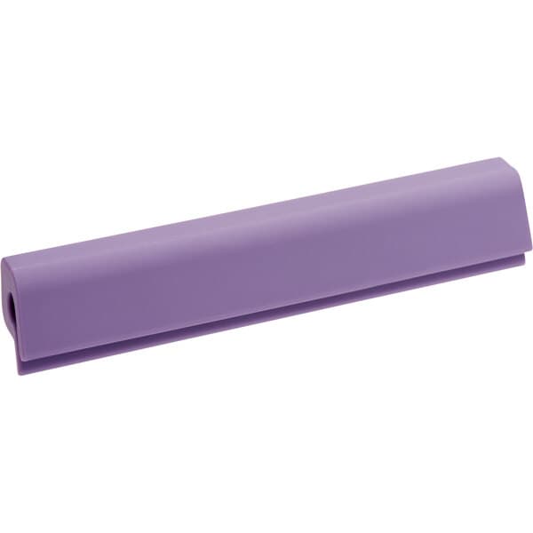 A close-up of a purple Baker's Mark silicone clip for product identification with a hole in it.