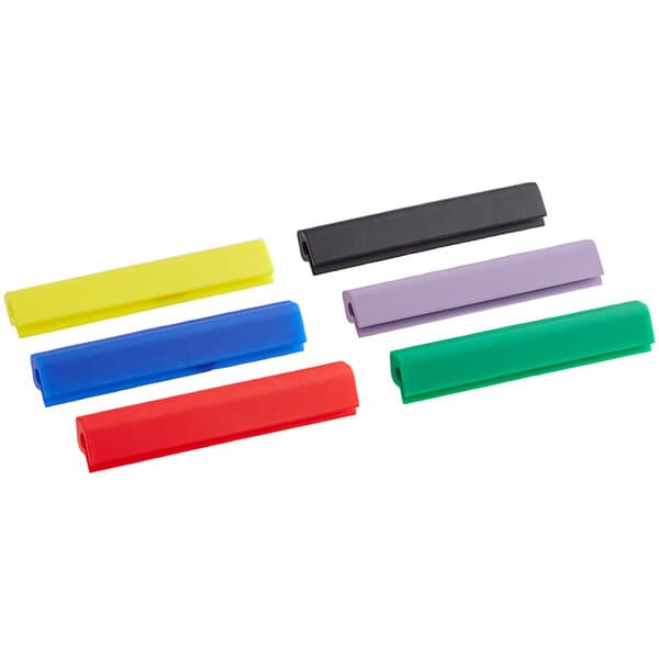 A black rectangular object with a set of six colored silicone clips in green, red, blue, yellow, purple, and white.