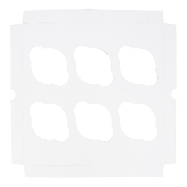 A white cardboard cupcake insert with six cut-out slots for holding standard-sized cupcakes.
