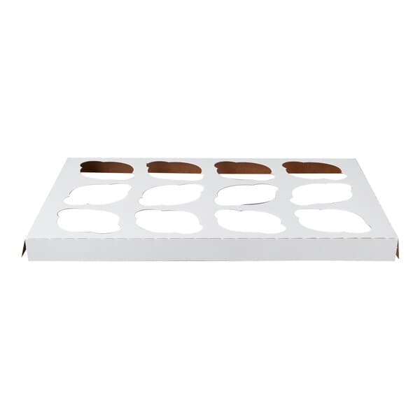 A white cardboard cupcake insert with twelve cut-out slots designed to hold standard-sized cupcakes in a 14" x 10" box.