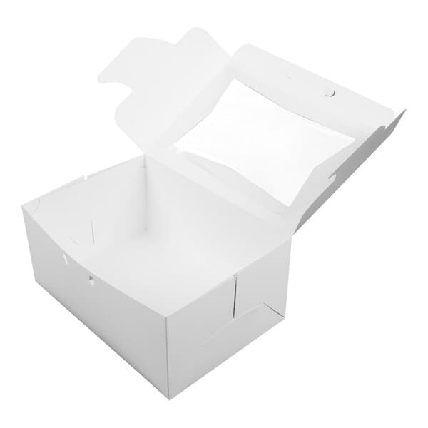 A white quarter sheet bakery box with a clear window on the lid, shown open.