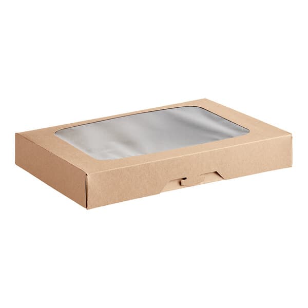 A brown Baker's Mark bakery box with a clear window.