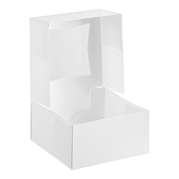 A white auto-popup bakery box with a clear window and an open lid.