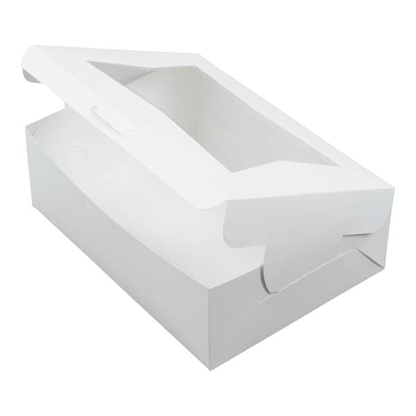 A white bakery box with a clear window on the lid, partially open and designed for cakes or baked goods.