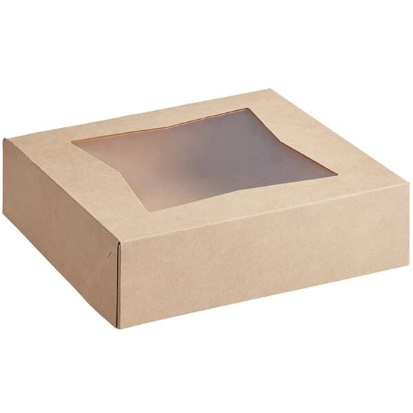 A kraft bakery box with a clear window on top, designed for packaging pies or baked goods.
