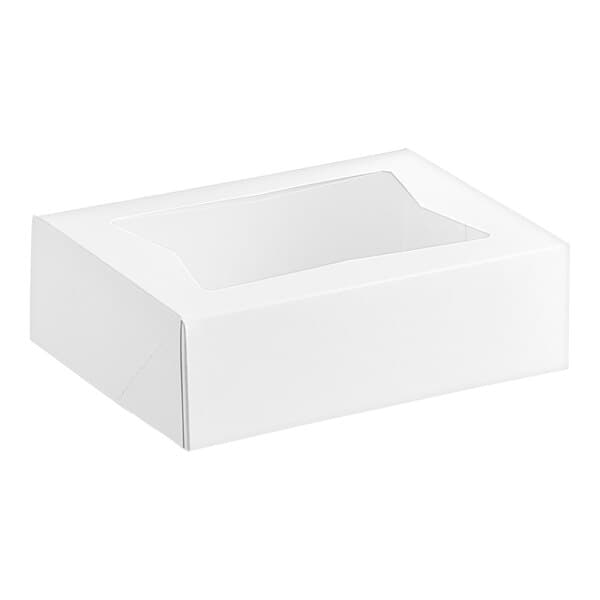 A white rectangular bakery box with a clear window on top.