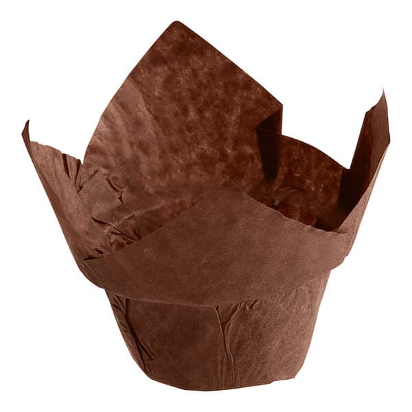 A medium high crown chocolate brown muffin wrap made of paper.