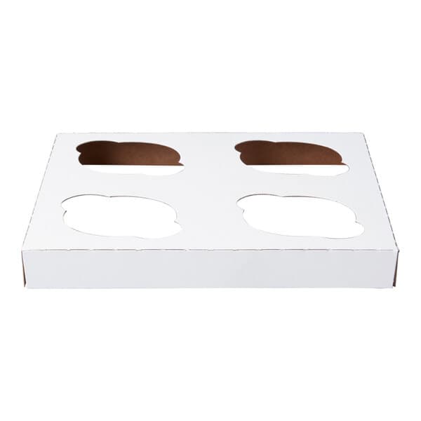 A white cardboard cupcake insert with four cut-out slots designed to hold standard-sized cupcakes in an 8" x 8" box.