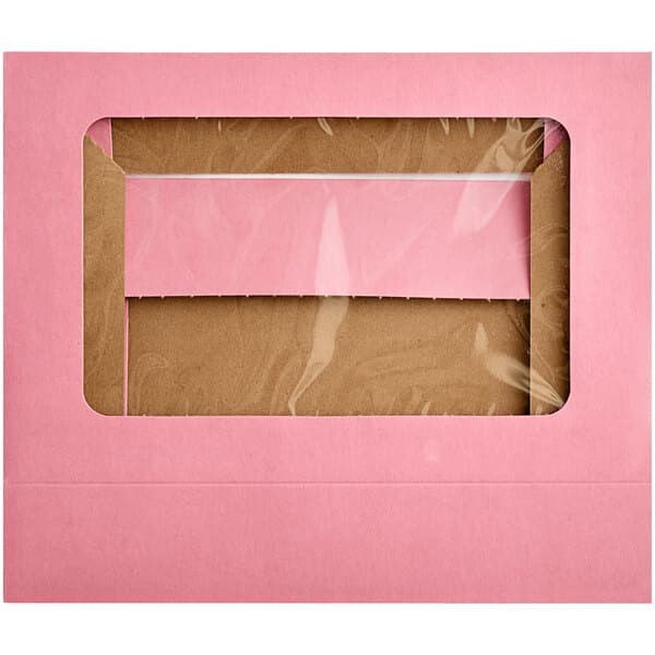 A pink rectangular bakery box with a clear window.