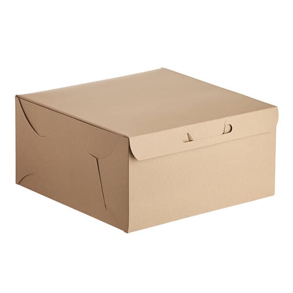 A brown Baker's Mark cake box with a lid.