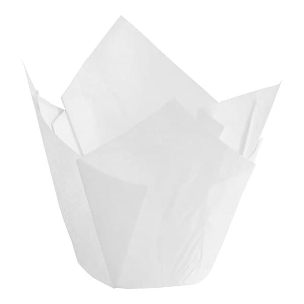 A Baker's Mark white tulip baking cup with a folded edge.