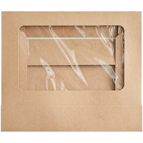 A Baker's Mark Kraft bakery box with a clear plastic window.