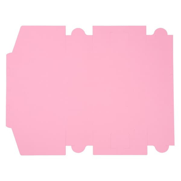 A pink rectangle with white cut out corners and a black border.