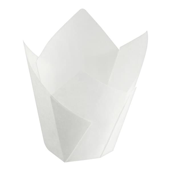 A white Baker's Mark mini tulip baking cup with a folded top.