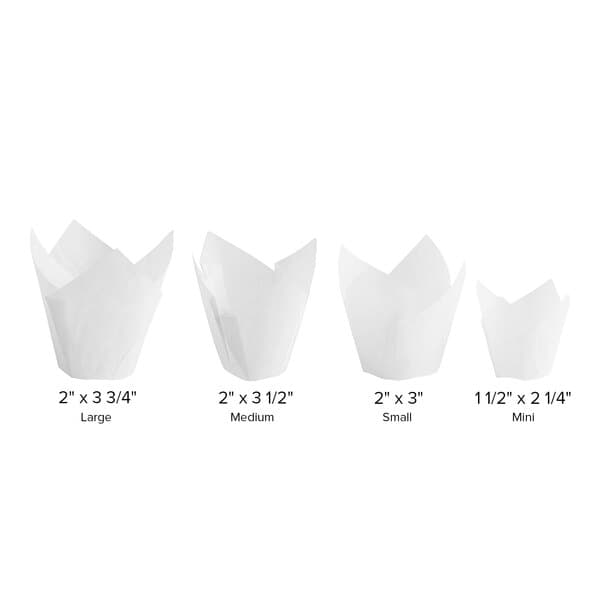 A row of white Baker's Mark mini tulip baking cups.