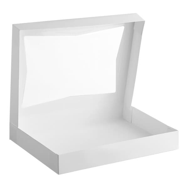A white auto-popup bakery box with a clear window on the lid.