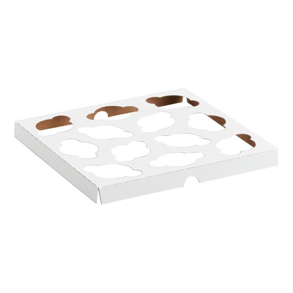 A white cardboard insert designed to hold 12 mini cupcakes or muffins for a 9 x 9 inch box.