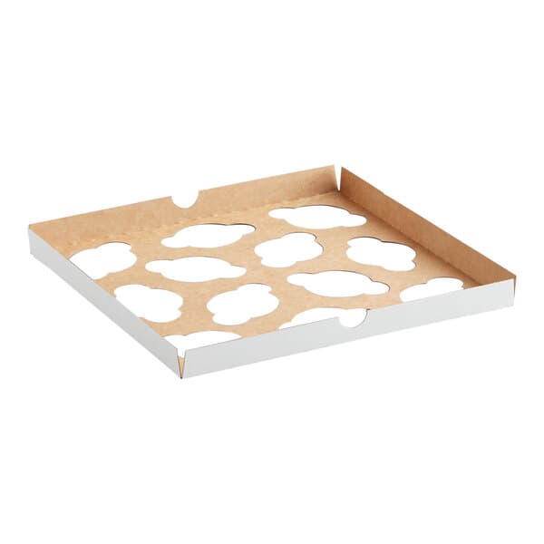 A square cardboard cupcake insert designed to hold 12 mini cupcakes in a 9 x 9 inch box.