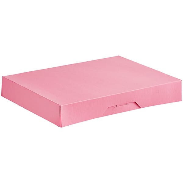 A pink Baker's Mark donut box with a lid.