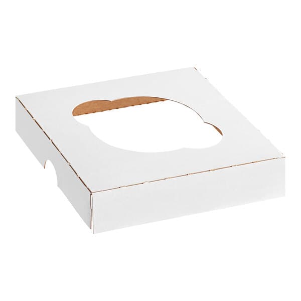A white Baker's Mark cupcake box with a cut out window.