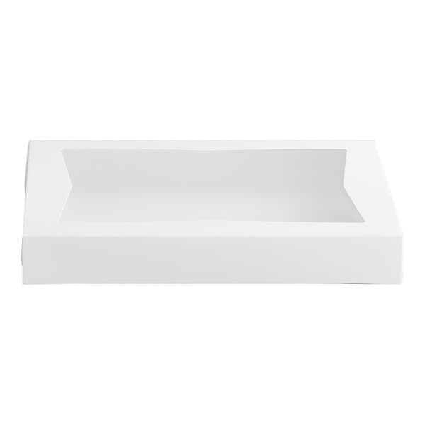 A white rectangular bakery box with a recessed windowed lid, designed for packaging donuts or baked goods.