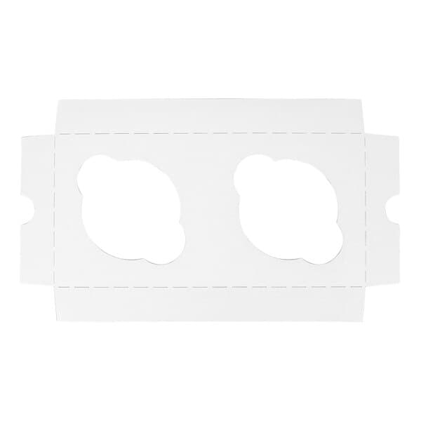 A white cardboard cupcake insert with two cutouts designed to hold standard-sized cupcakes in an 8 x 4 inch box.