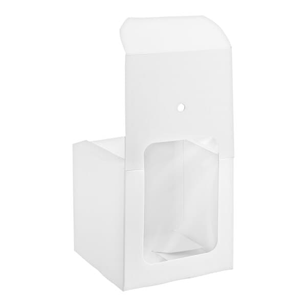 A white one-piece candy apple box with a clear window on the front.
