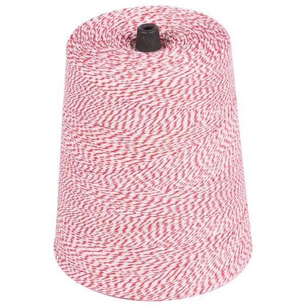A Baker's Mark red and white variegated polyester cotton blend twine cone.